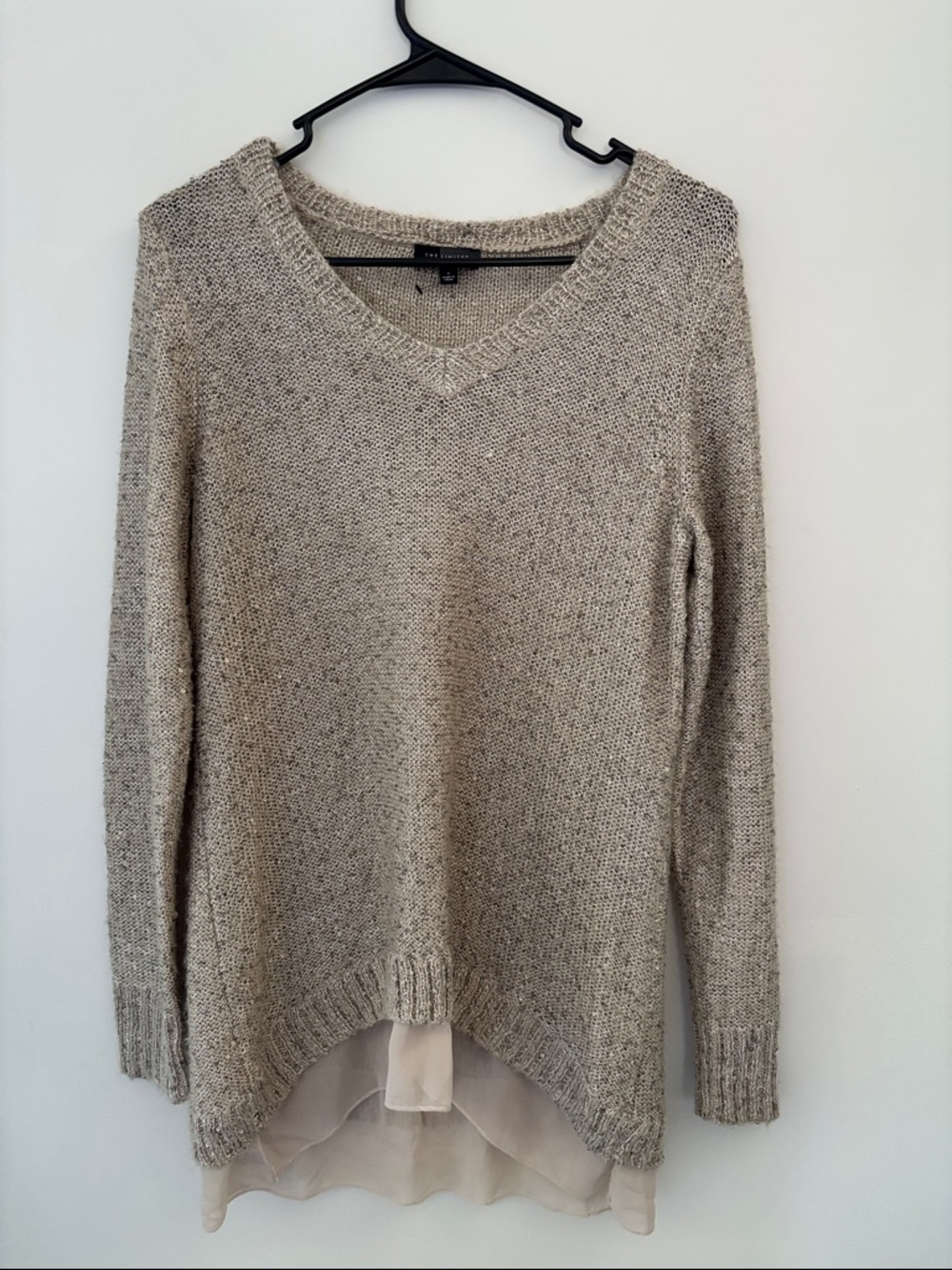 The Limited Neutral Beige V-Neck Sweater with Sheer Layered Hem